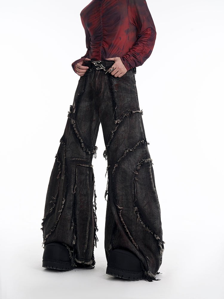 Black Denim Wide-Leg Pants with Frayed Details