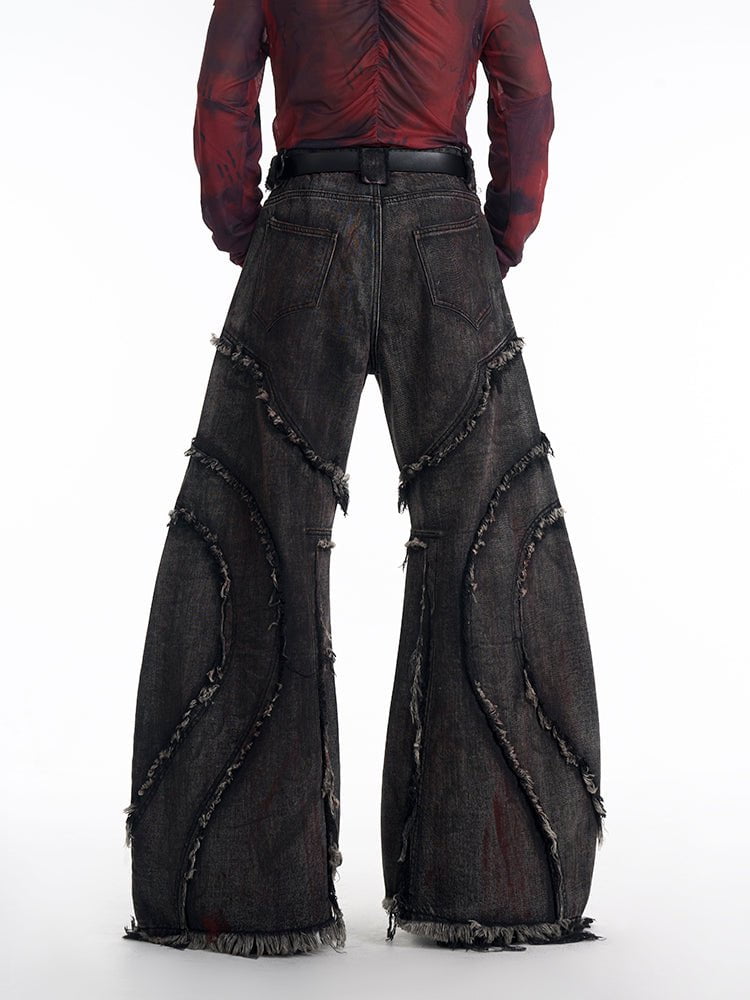 Black Denim Wide-Leg Pants with Frayed Details