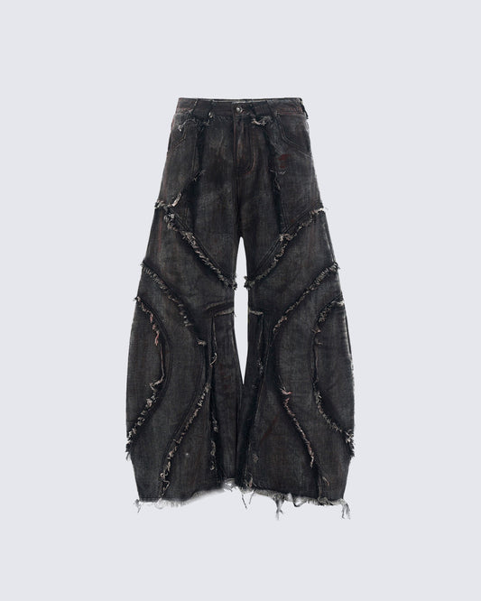 Black Denim Wide-Leg Pants with Frayed Details
