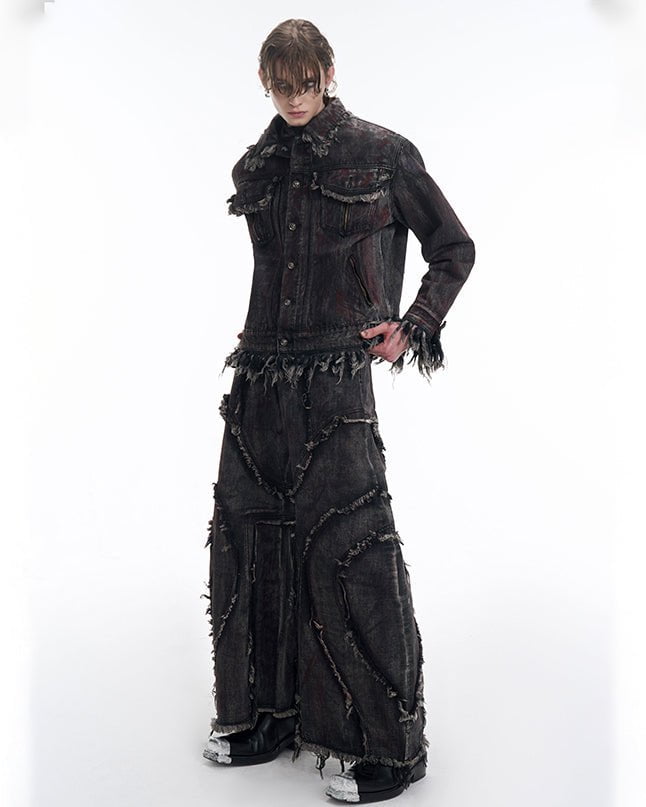 Black Denim Wide-Leg Pants with Frayed Details