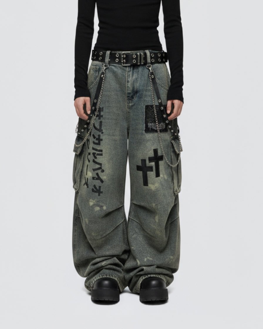 Dark Graffiti Patchwork Cargo Jean