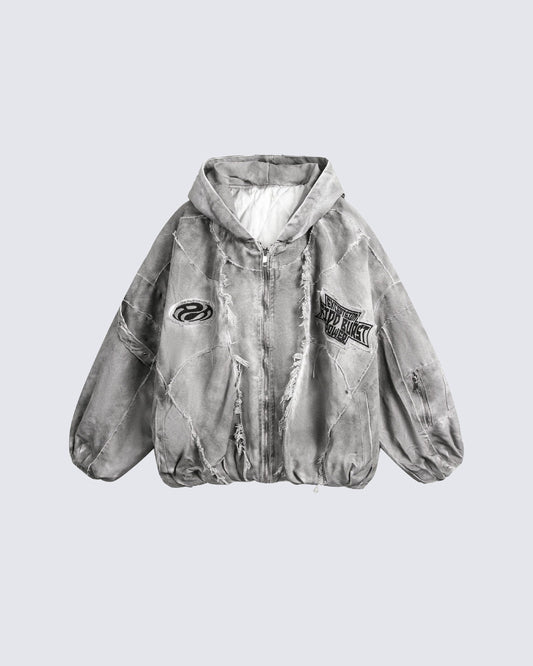 Distressed Embroidered Padded Hooded Jacket