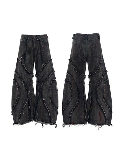 Black Denim Wide-Leg Pants with Frayed Details