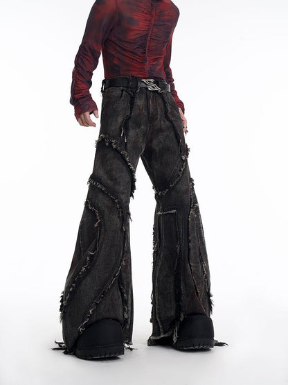Black Denim Wide-Leg Pants with Frayed Details