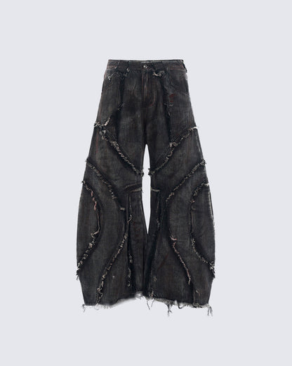 Black Denim Wide-Leg Pants with Frayed Details