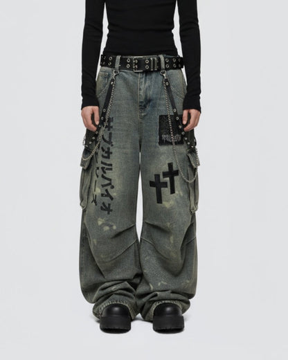 Dark Graffiti Patchwork Cargo Jean