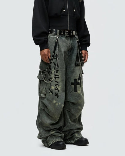 Dark Graffiti Patchwork Cargo Jean
