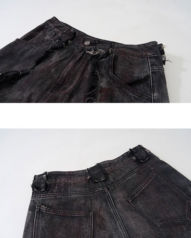 Black Denim Wide-Leg Pants with Frayed Details