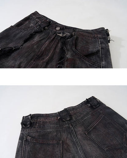 Black Denim Wide-Leg Pants with Frayed Details