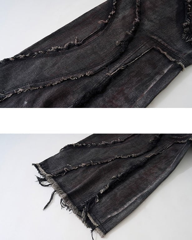 Black Denim Wide-Leg Pants with Frayed Details
