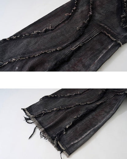 Black Denim Wide-Leg Pants with Frayed Details