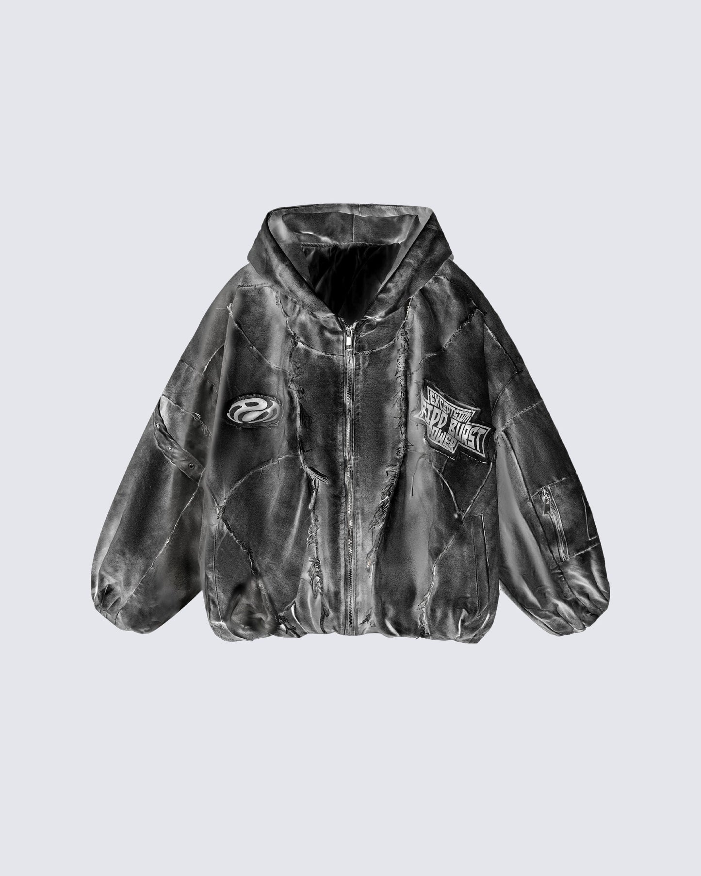 Distressed Embroidered Padded Hooded Jacket