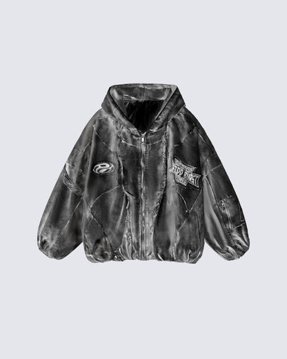 Distressed Embroidered Padded Hooded Jacket