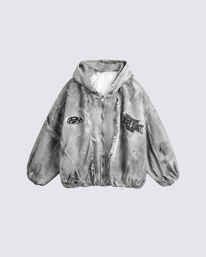 Distressed Embroidered Padded Hooded Jacket